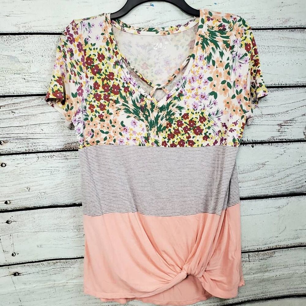 Maurices Floral & Pink Colorblock Short Sleeve Tunic